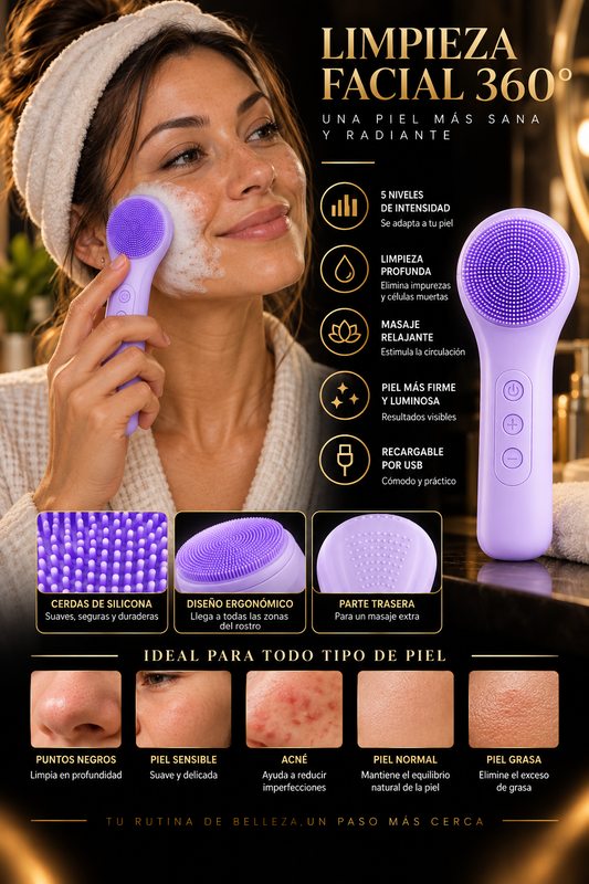 Mujer usando el cepillo facial Glowvest en lila durante su rutina nocturna