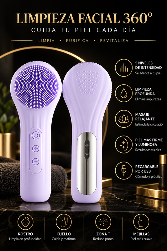 Cepillo facial eléctrico Glowvest en lila, vista frontal y trasera