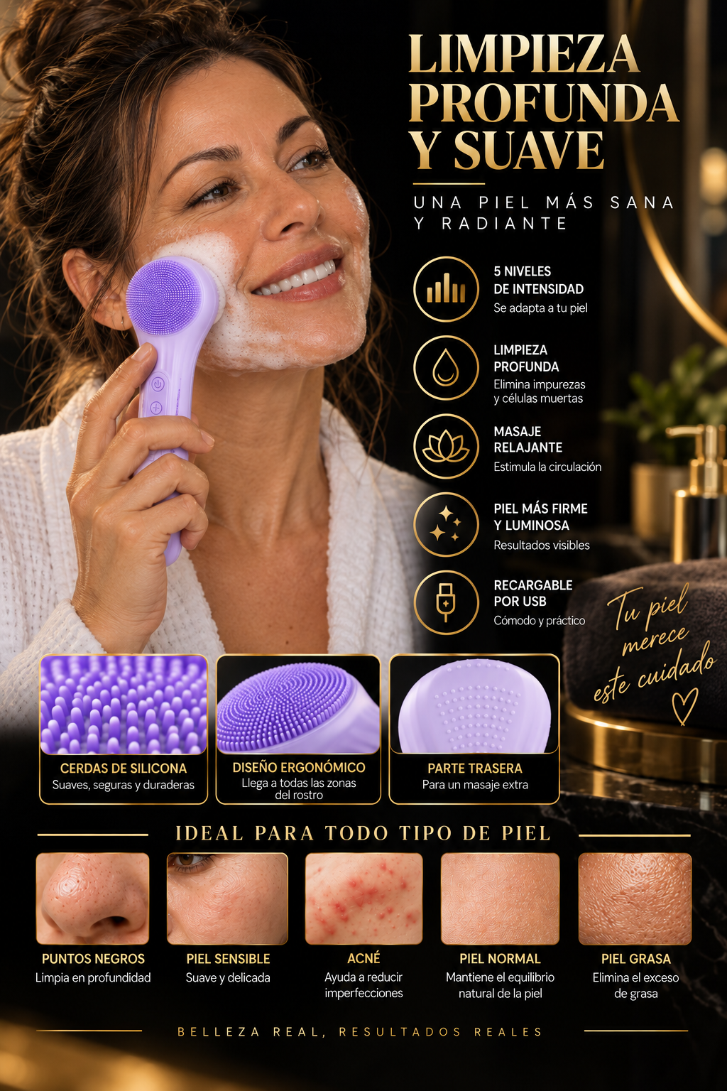 Cepillo facial Glowvest lila, limpieza profunda y suave