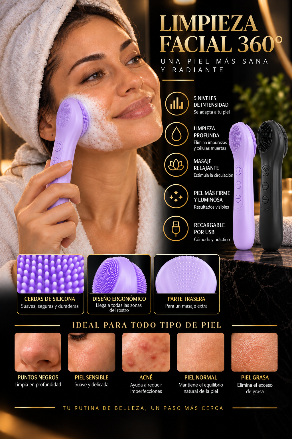 Cepillo facial Glowvest disponible en lila y negro
