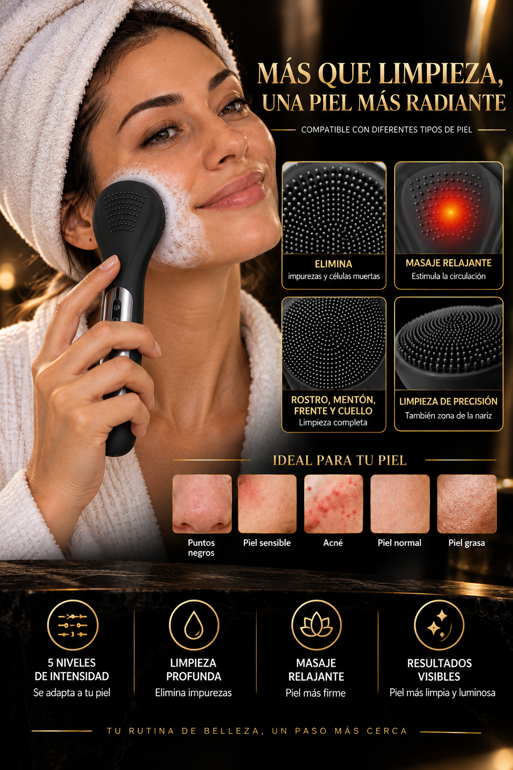Cepillo facial eléctrico Glowvest en negro, limpieza facial 360