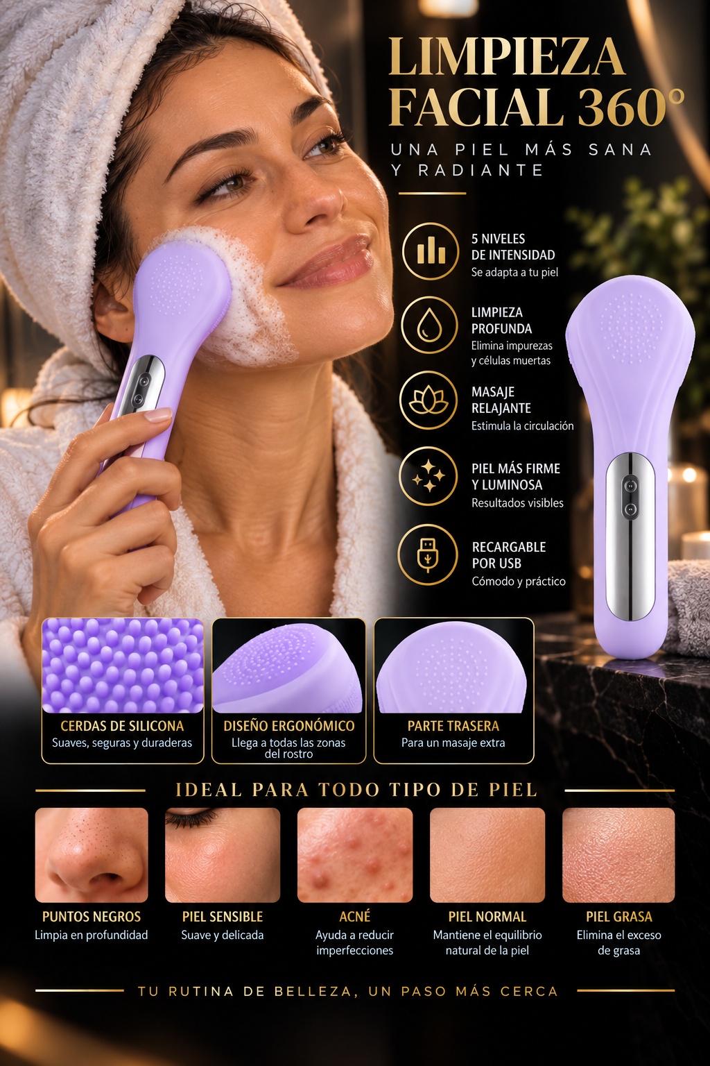 Cepillo facial Glowvest negro, rutina facial simple y efectiva