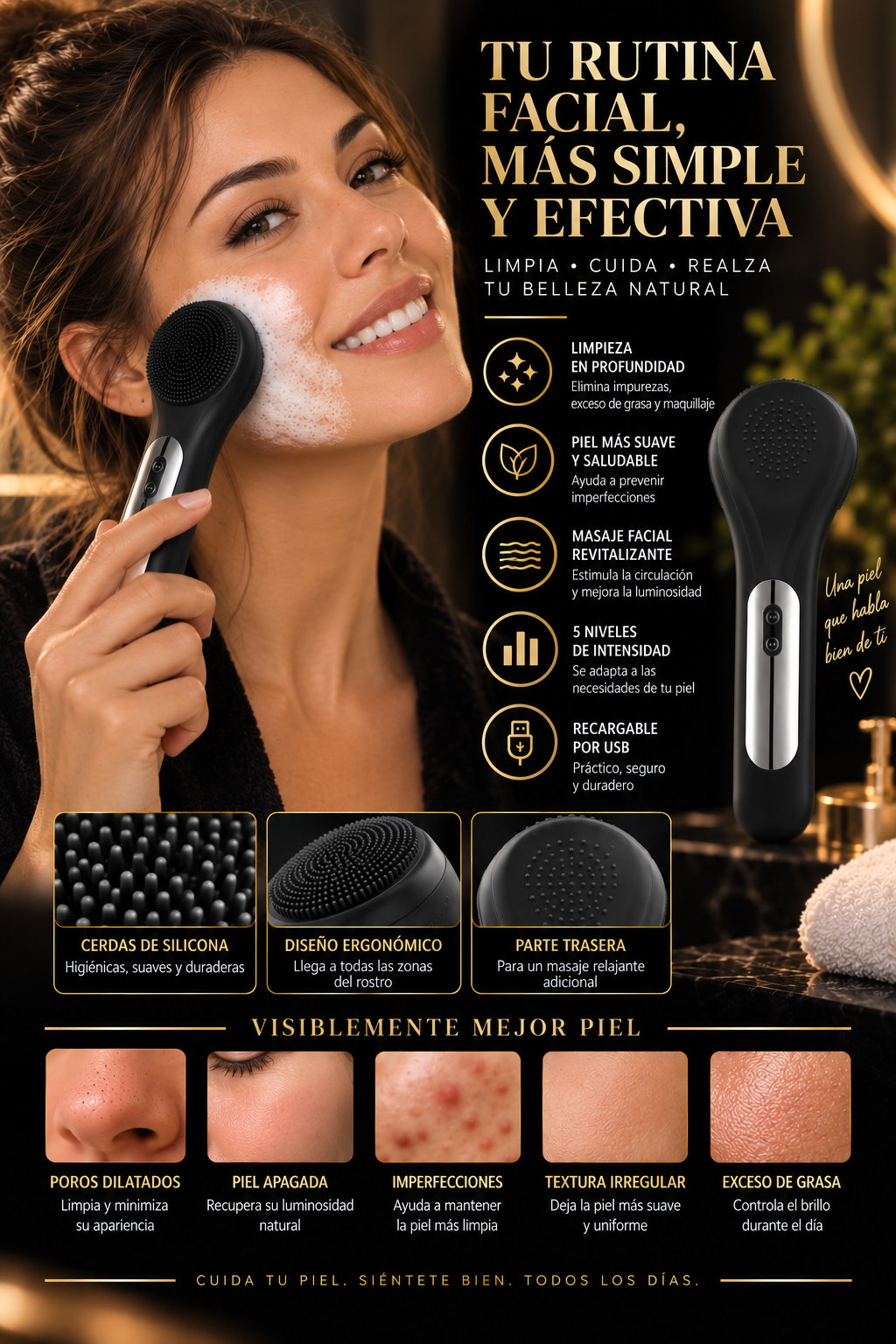 Cepillo facial Glowvest negro, piel limpia y radiante cada día