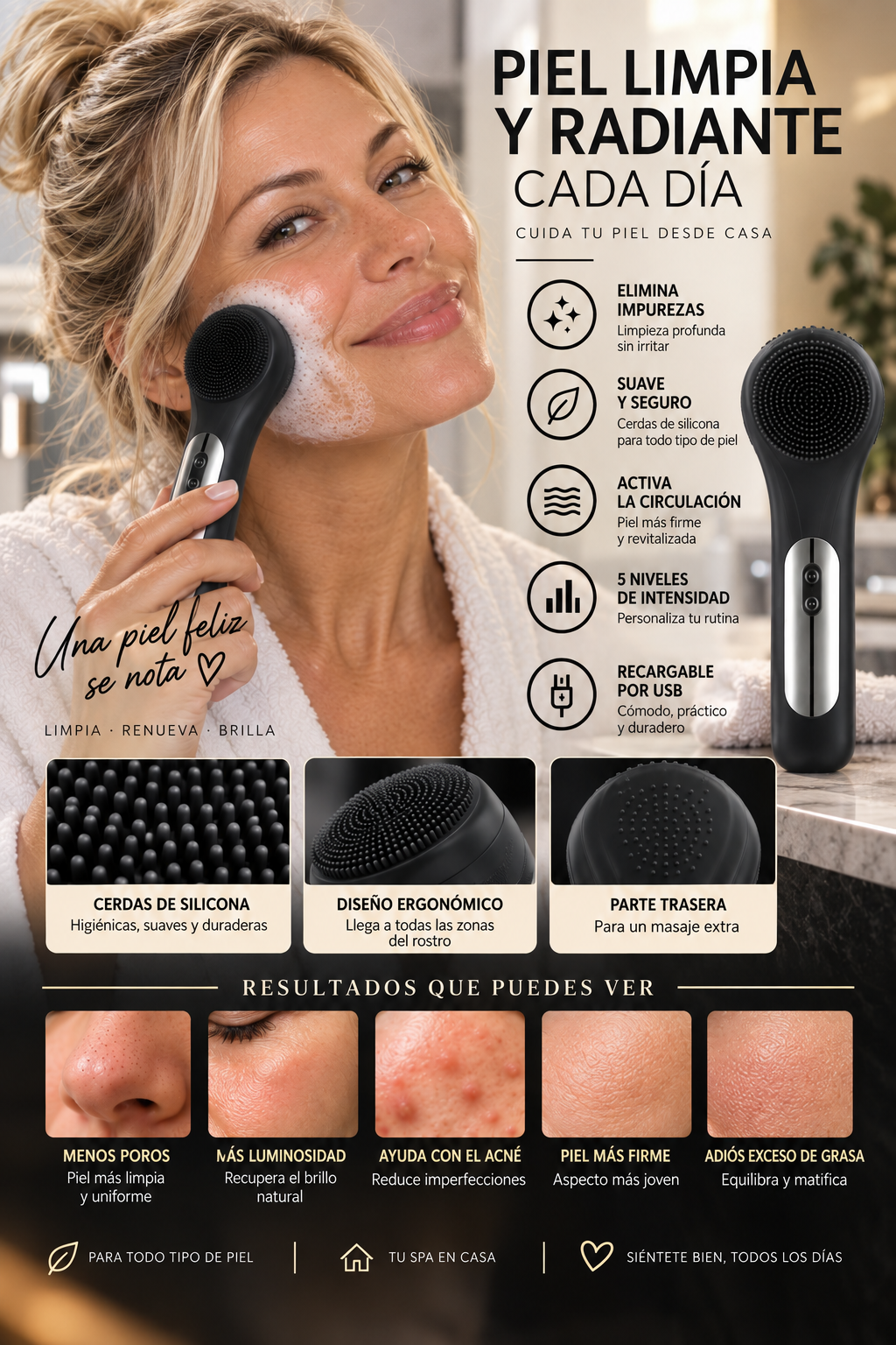 Cepillo facial Glowvest negro, limpieza facial real en casa