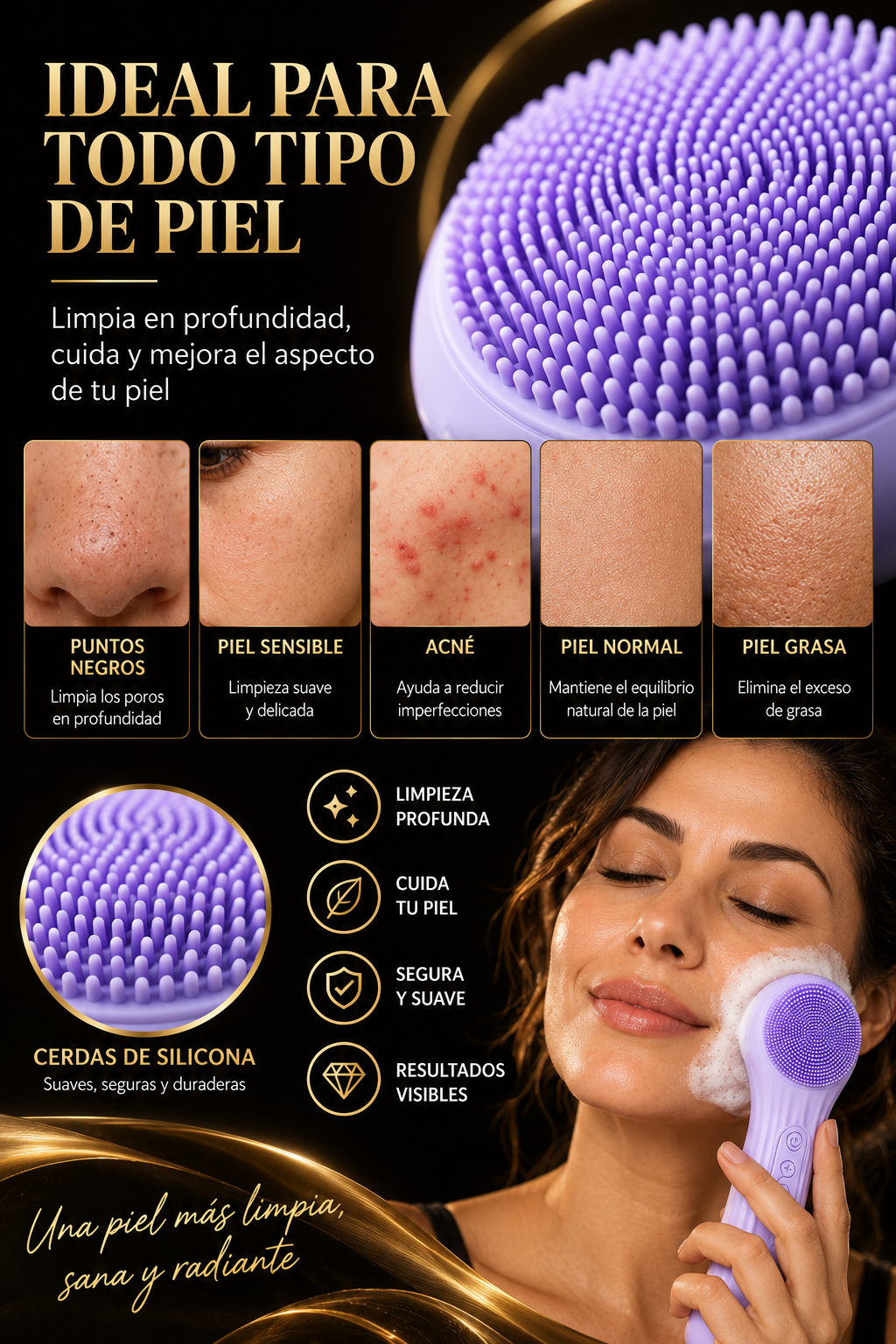 Cepillo facial Glowvest lila, ideal para todo tipo de piel