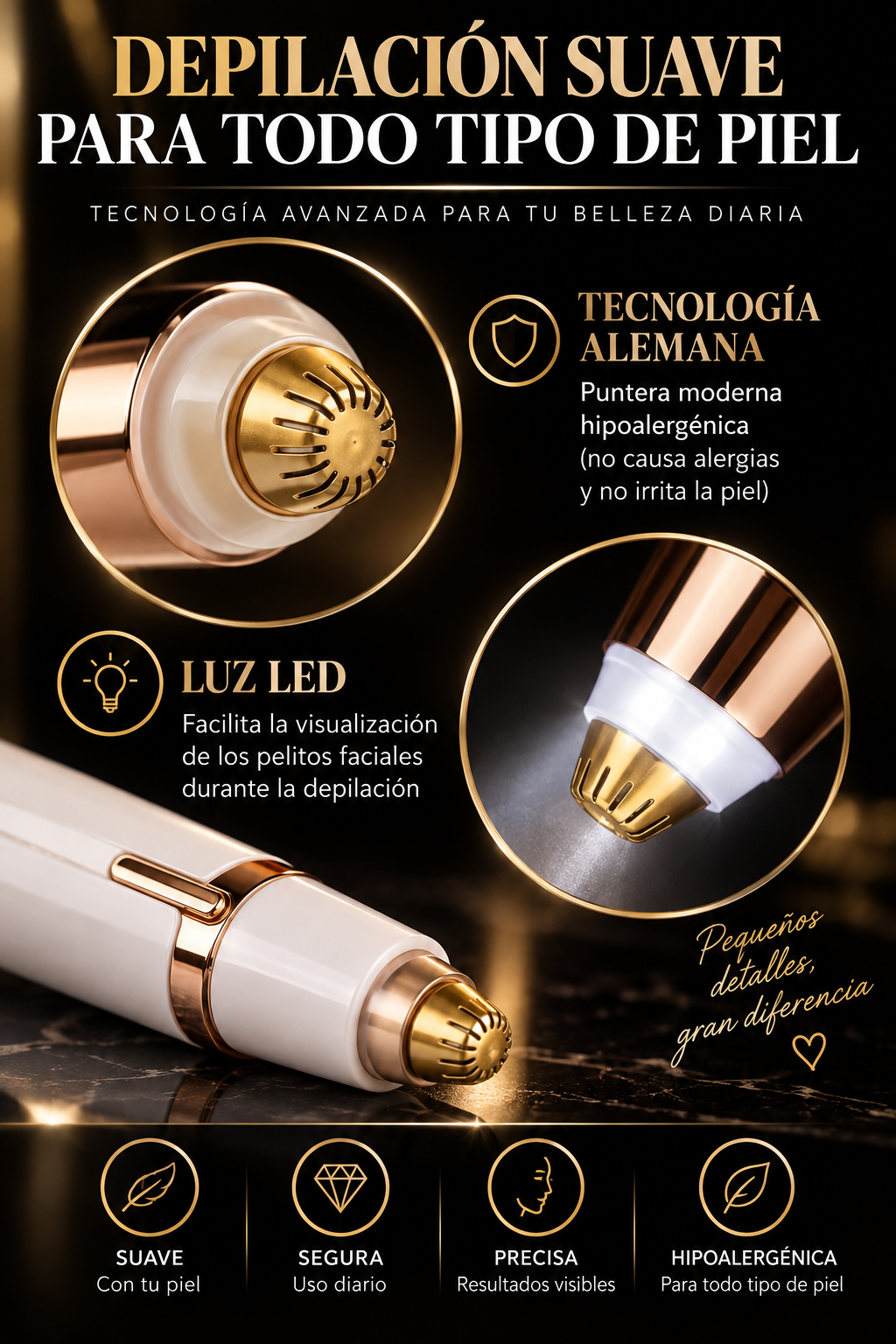 Depilador facial Glowvest, detalle del cabezal hipoalergénico con luz LED