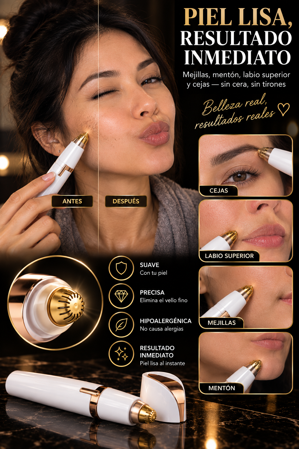 Depilador facial Glowvest rosa, antes y después en mejilla, mentón y cejas