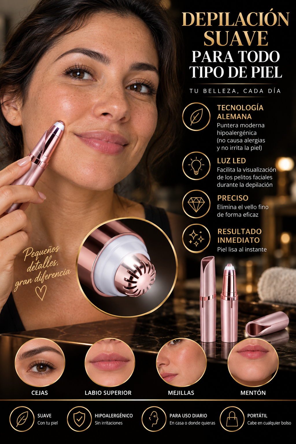 Depilador facial Glowvest rosa, tecnología alemana hipoalergénica