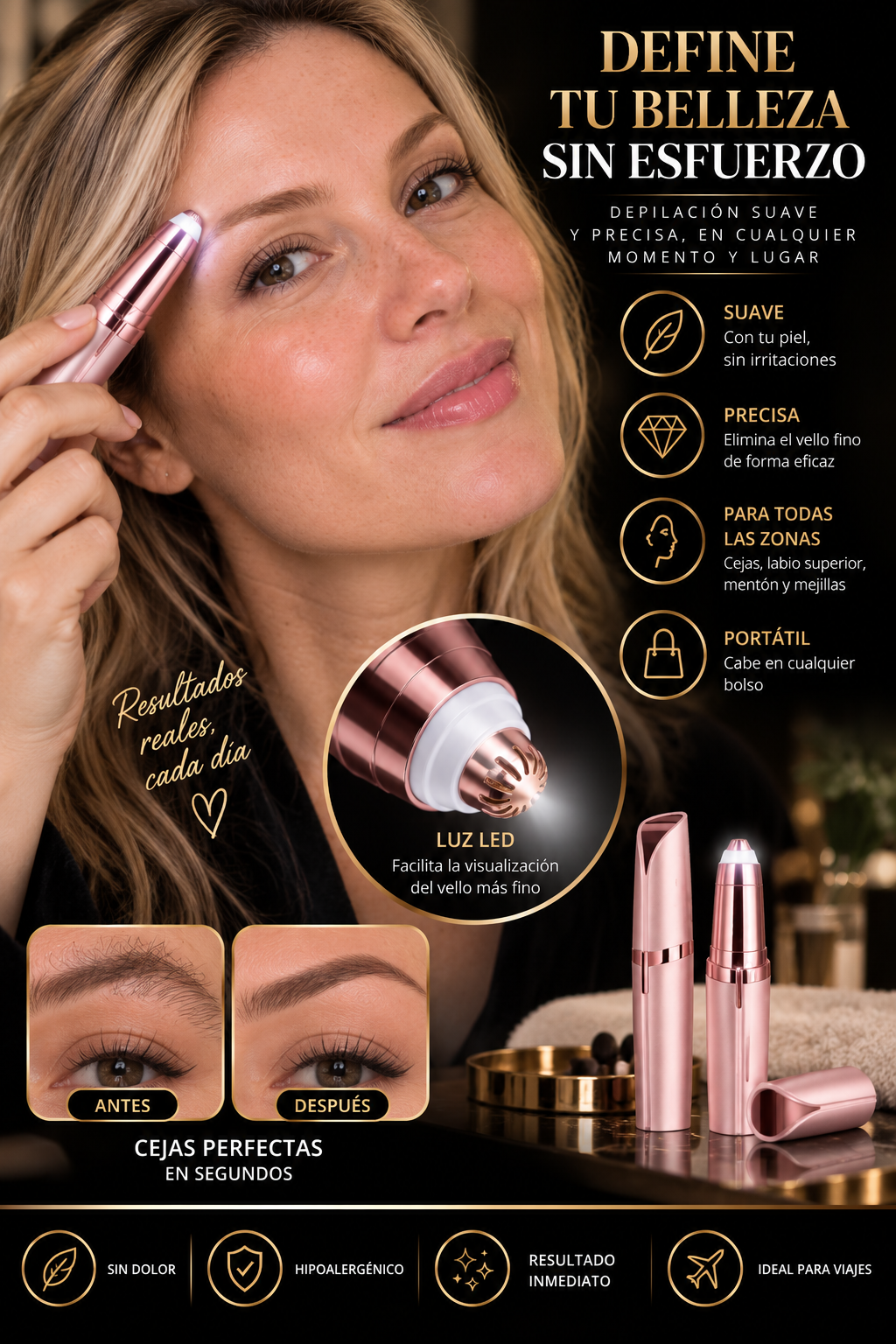 Depilador facial Glowvest rosa, cejas perfectas antes y después