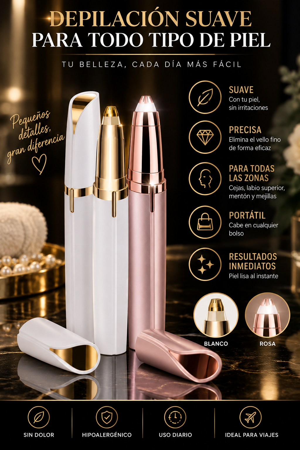 Depilador facial Glowvest disponible en blanco y rosa