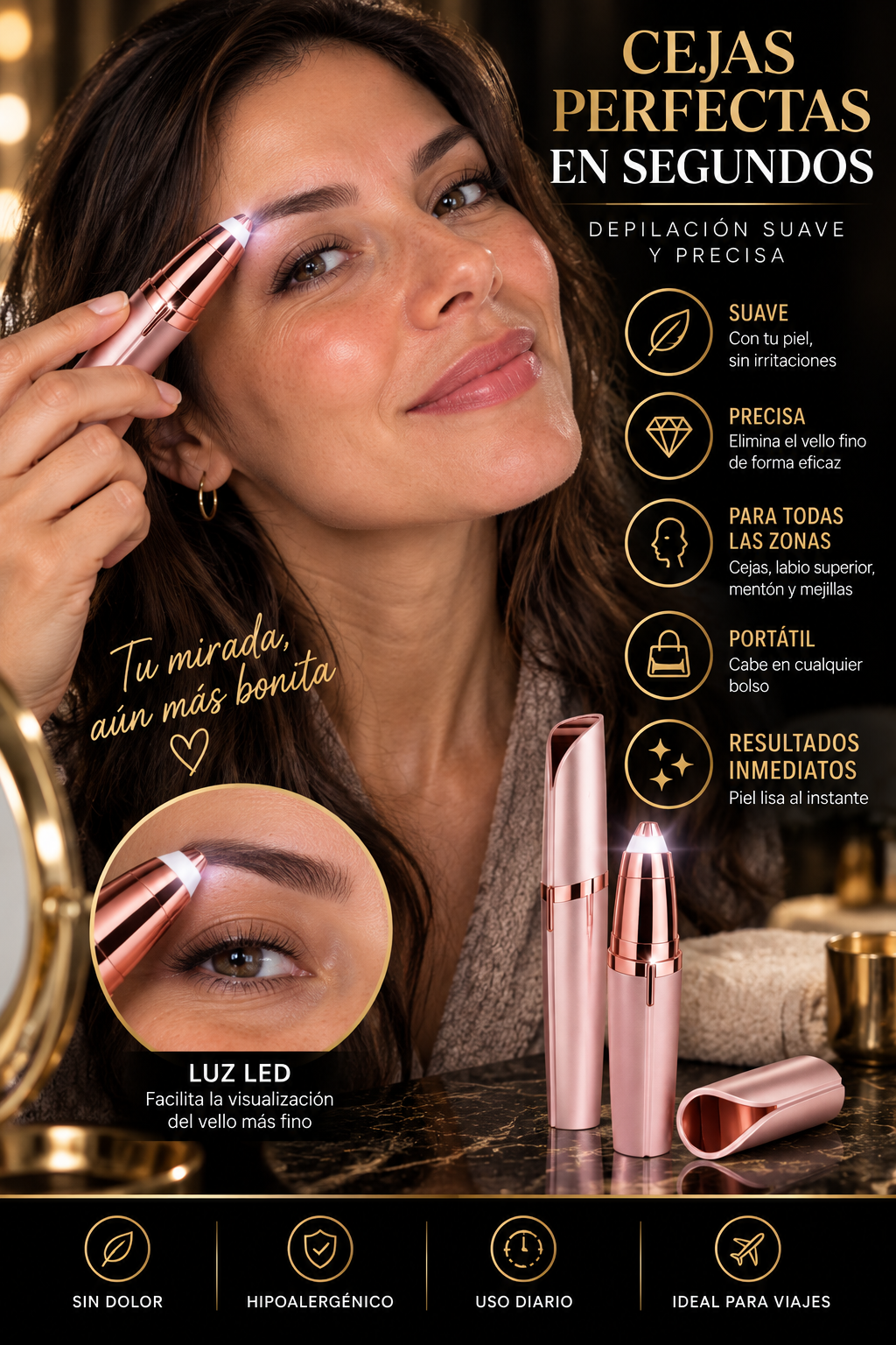 Depilador facial Glowvest rosa, cejas perfectas en segundos