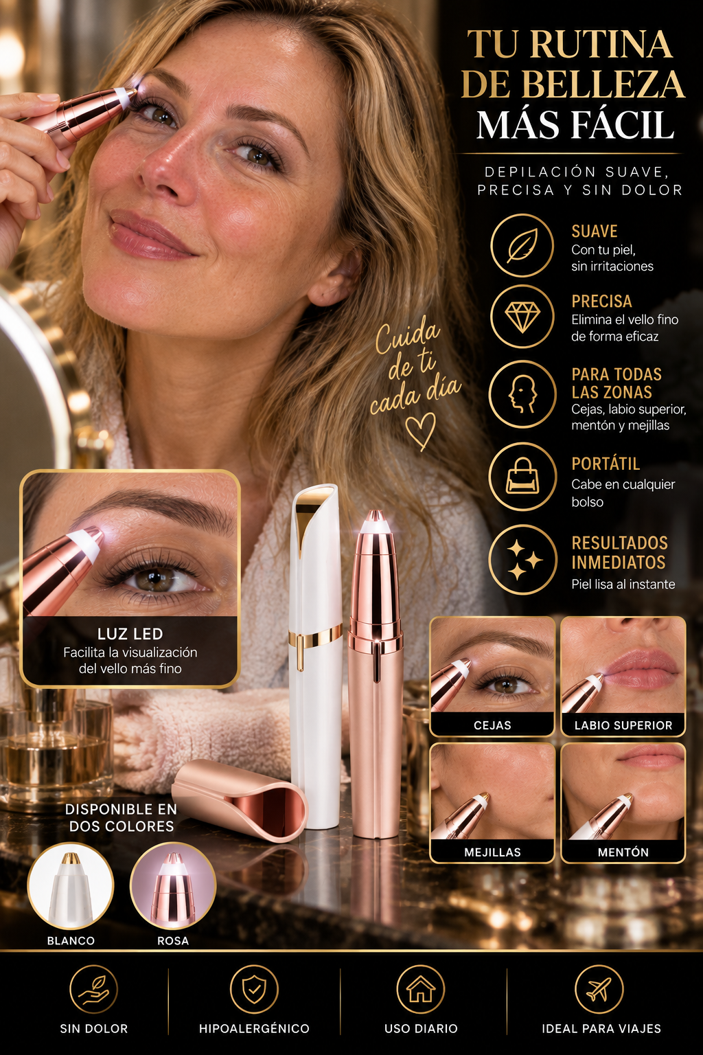Depilador facial Glowvest, tu rutina de belleza más fácil, blanco y rosa