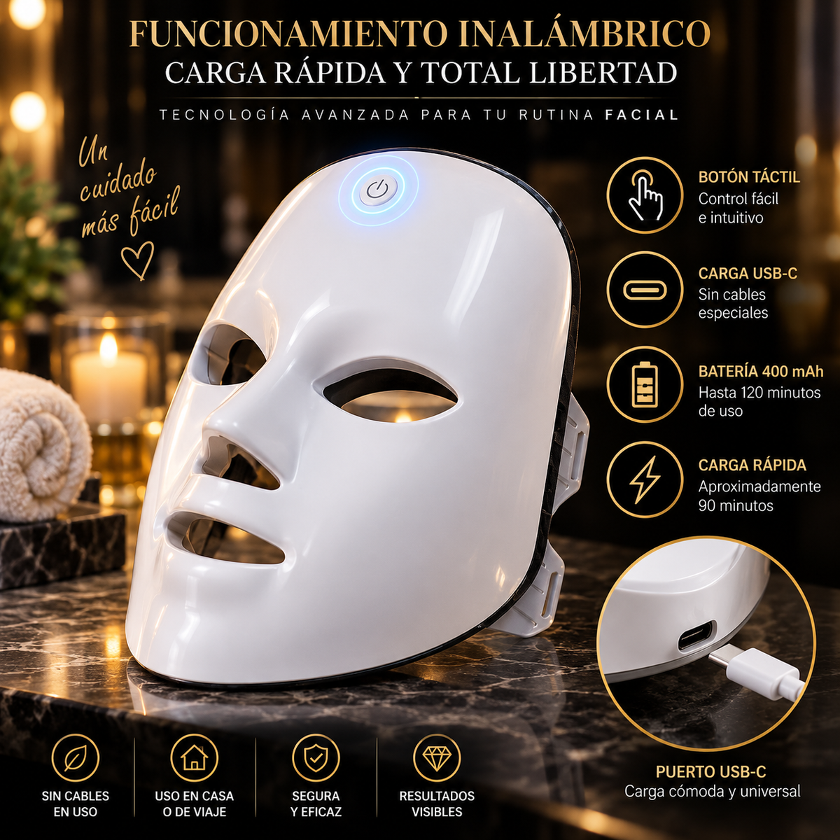 Máscara LED Glowvest, funcionamiento inalámbrico y carga USB-C