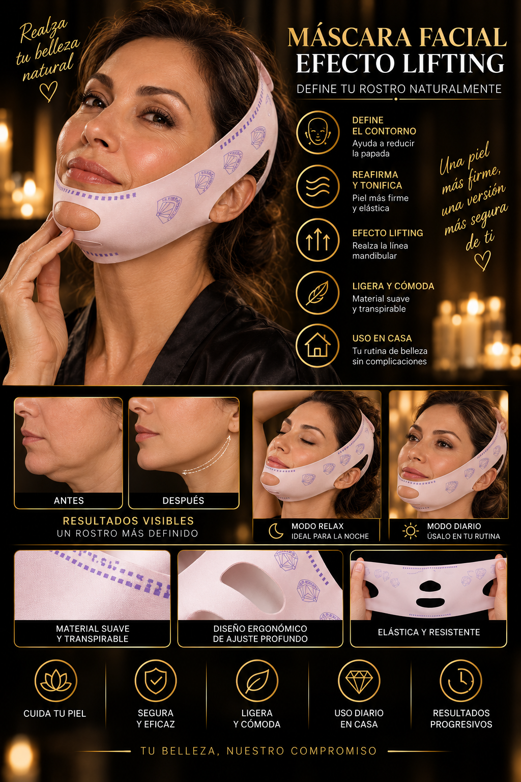 Banda reafirmante de papada Glowvest en uso, efecto lifting
