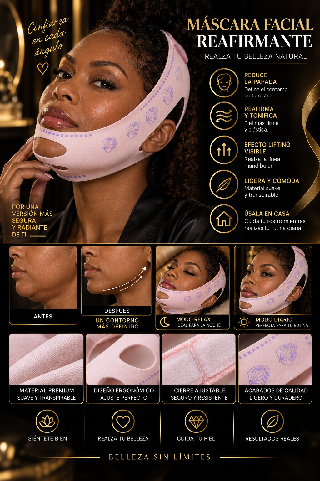 Banda reafirmante de papada Glowvest, diseño en V para un rostro más definido